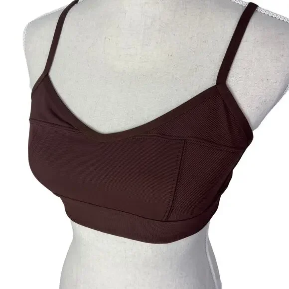 Aerie Offline Ribbed Sports Bra Brown Minimalist Athleisure M - Picture 3 of 5